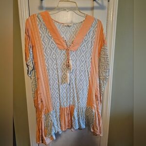 Easel Peach and Light Blue Patterned Top